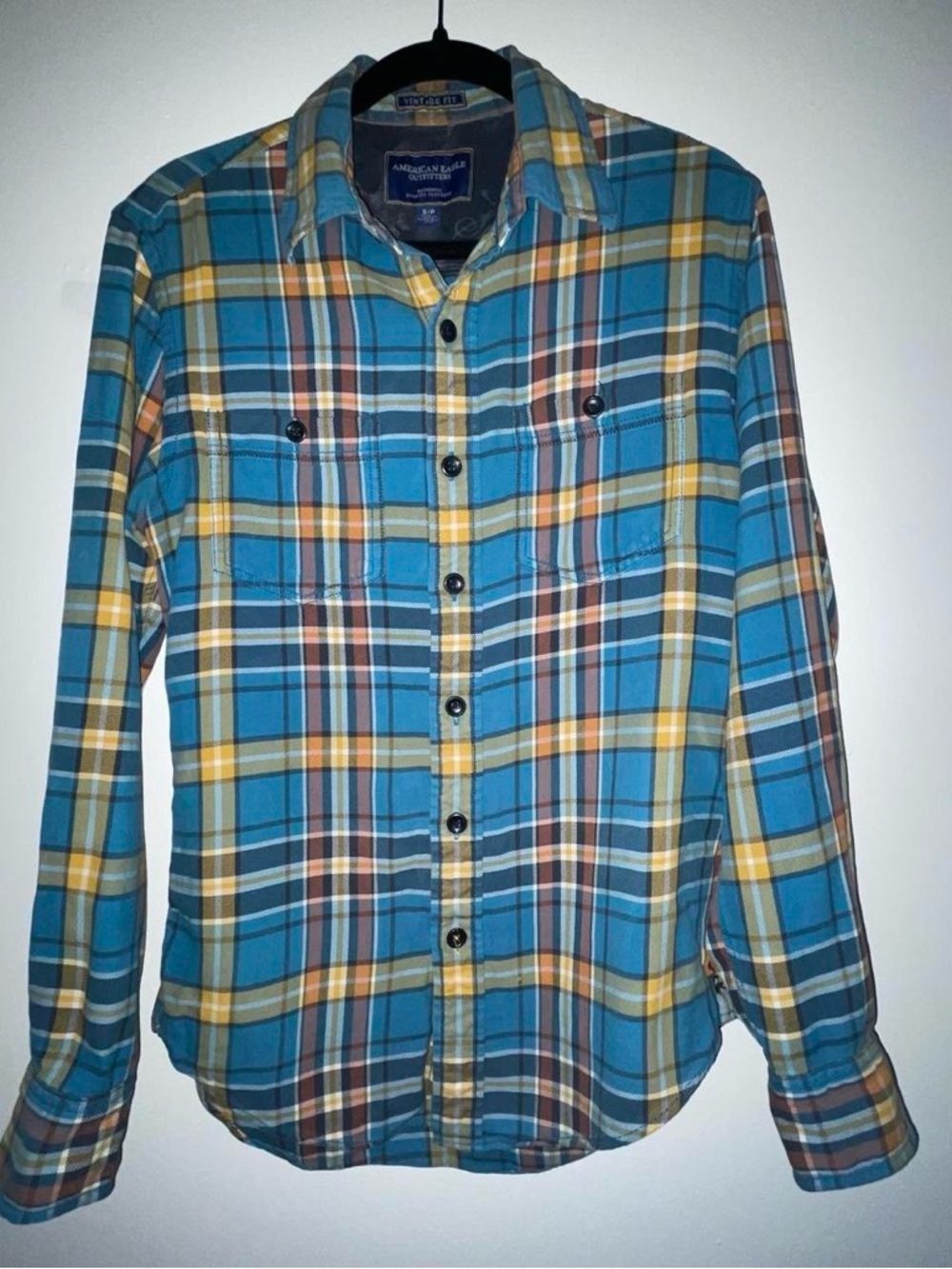 American Eagle Outfitters Blue and Yellow Plaid Button-Down Shirt
